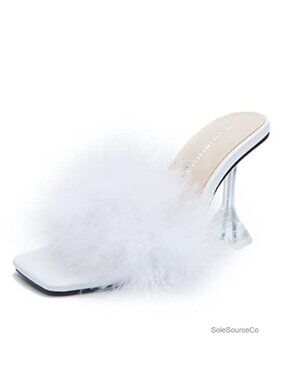 Faux Fur Feather Stiletto Heels Square Toe Clear Heel Mules Slip On Women's